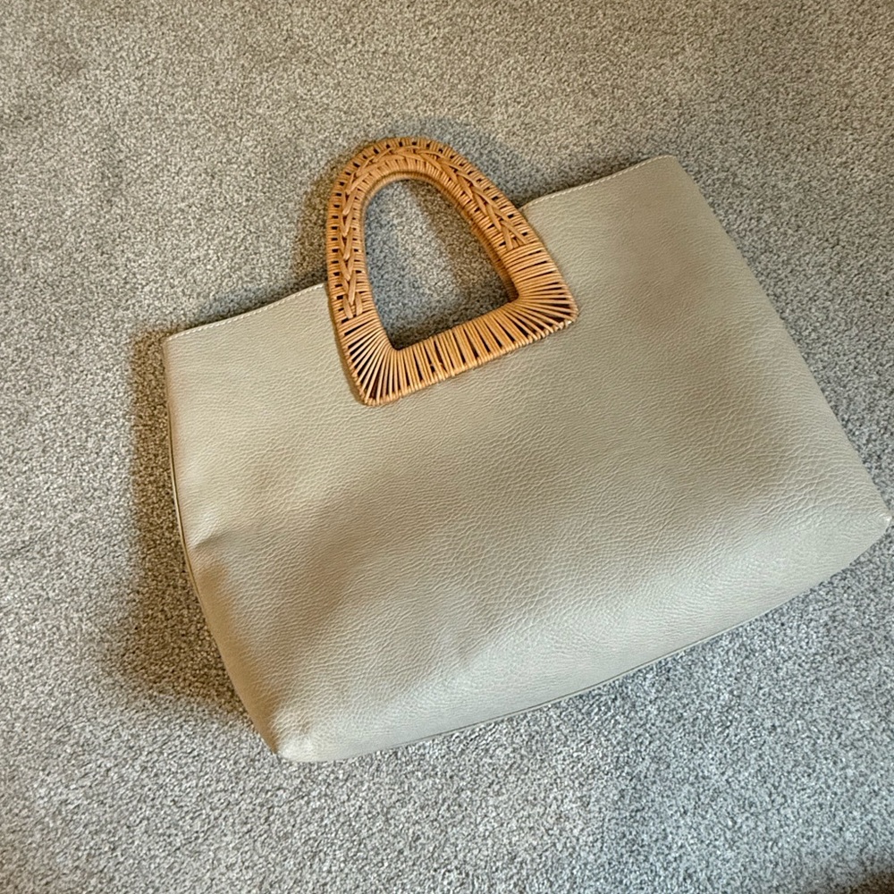 Anthropologie Cream Tote with Woven Tan Handle